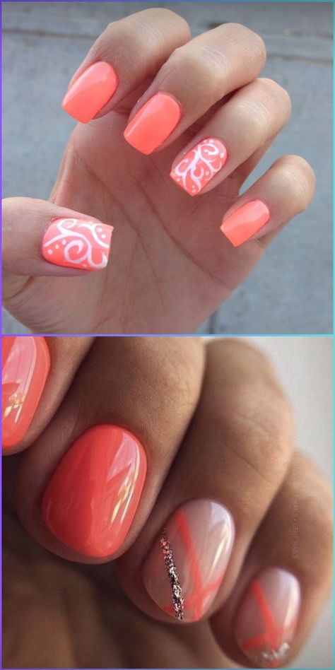 Summer coral nails are all about bright colors and designs in 2024. From neon pink to peach and turquoise, discover ideas that make every nail shape pop. Embrace short acrylic or gel designs, adding a splash of orange and red for the ultimate holiday flair. Yellow And Coral Nails, Orange Beachy Nails, Orange Nails Short, Summer Coral Nails, Nails Bright Colors, Bright Coral Nails, Neon Coral Nails, Peach And Turquoise, Swirl Nail