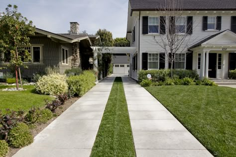 New driveway with mow strip, original pergola Driveway Strip Landscaping, Driveway Strip, Attached Pergola, Car Ports, Pergola Carport, Large Driveway, Cheap Pergola, Driveway Ideas, Driveway Landscaping