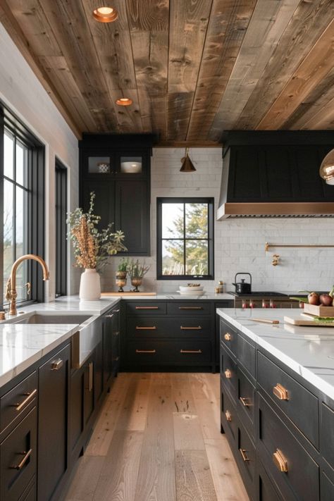 Black kitchen cabinets make a bold statement, adding drama and elegance to your space. Click here for inspiration. Black Beadboard Cabinets, White Backsplash Kitchen Black Cabinets, Butchers Block Countertop Black Cabinets, Black Cabinets Granite Countertops, Black Cabinets Wood Floors, Modern Cabin Kitchen Cabinets, Boho Kitchen Backsplash Brick, White Counters Black Cabinets, Kitchen Remodel With Black Cabinets