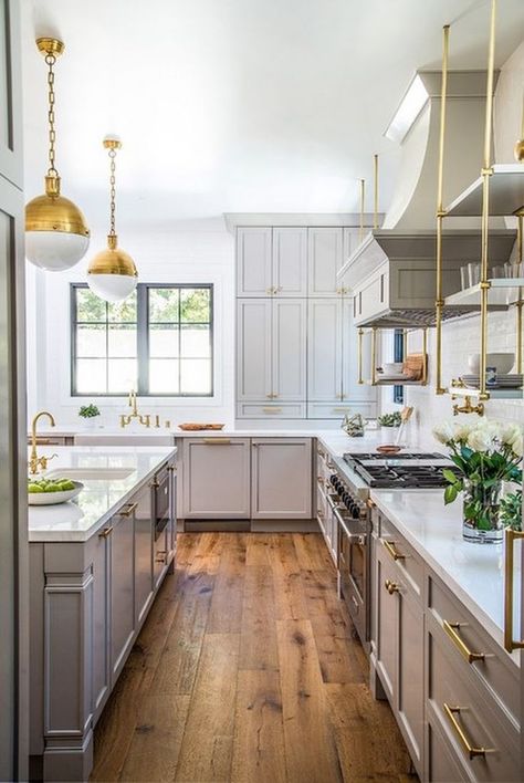 Love the gray and brass-Benjamin Moore Gray Huskie aka Ozark Shadows Modern Farmhouse Kitchen Cabinets, Remodeling On A Budget, Серая Кухня, Farmhouse Kitchen Cabinets, Gray Kitchen, Farmhouse Kitchen Design, Kitchen Cabinets Makeover, 아파트 인테리어, Grey Kitchen Cabinets