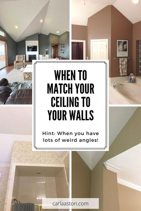 When to match your ceiling color to your walls……Hint: When you lots of weird angles! See more examples by clicking throught! carlaaston.com Ceiling Same As Wall Color, Painted Ceiling To Match Walls, Bathroom Ceiling Color Ideas, Ceiling Matching Walls, Painted Ceiling Same As Walls, Angled Vaulted Ceiling Living Room, Ceiling Wall Same Color, One Wall And Ceiling Same Color, Awkward Ceiling Angles