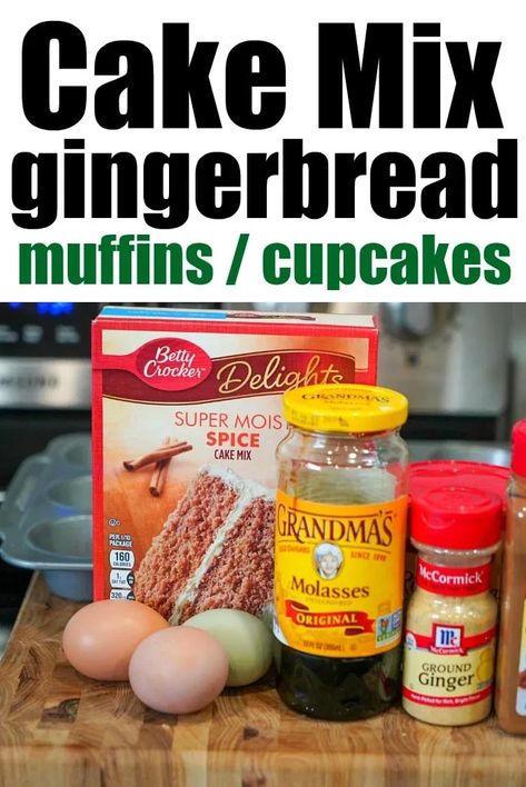 Easy cake mix gingerbread muffins or cupcakes recipe you can make and bake in under 30 minutes flat. Great Christmas breakfast or dessert. #gingerbread #gingerbreadmuffins #gingerbreadcupcakes #cakemixrecipe Spice Cake Mix Recipes, Gingerbread Muffins Recipe, Cake Mix Muffins, Gingerbread Cake Recipe, Recipes Using Cake Mix, Gingerbread Muffins, Boxed Cake Mixes Recipes, Gingerbread Cupcakes, Ginger Cake