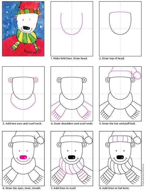 Bear Art Projects For Kids, Draw A Polar Bear, Origami Reindeer, Christmas Multiplication, Polar Bear Drawing, Winter Art Lesson, Winter Art Projects, Art Projects For Kids, Bear Drawing