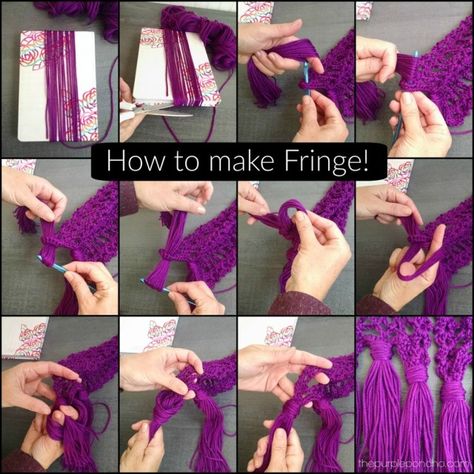 Tutorial - How To Make Fringe! - The Purple Poncho Make Fringe, Granny Square Easy, Crochet Poncho Kids, Baby Poncho, Tunisian Crochet Patterns, Diy Clothes Refashion, Crochet Tutorial Pattern, Handmade Projects, Crochet Fringe