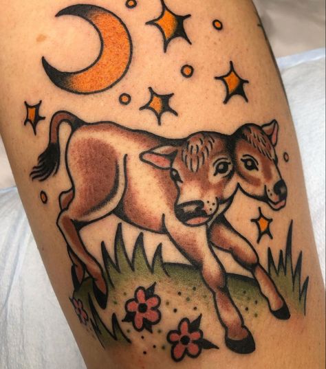 Nature American Traditional Tattoo, Nature Traditional Tattoo, American Traditional Tattoos Animal, American Traditional Nature Tattoo, American Traditional Animals, Traditional Cow Tattoo, Traditional Star Tattoo, 2 Headed Calf Tattoo, Traditional Tattoo Nature