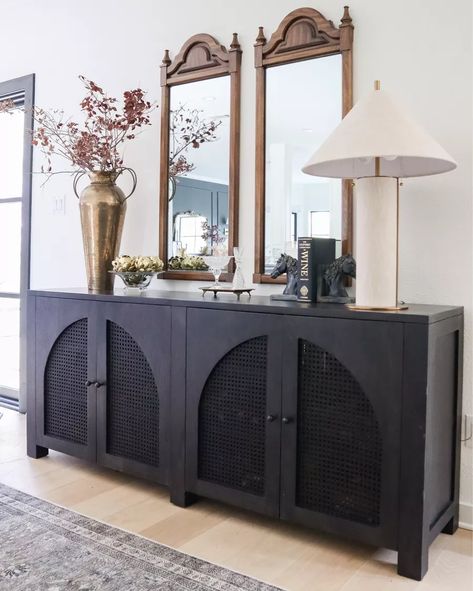 Side Board Styling, Sideboard Styling, Sideboard Styles, Black Sideboard, Wine Display, Mini Wreaths, Modern Sideboard, Wine Chiller, Wine Lover