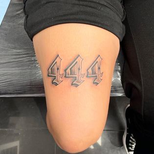 Lethal Ink Tattoo Studio - Angel numbers 444 👼 done on a friend today!  Old English numbers is always a favourite and very popular! Book your next old English tattoo with @leroy_lethalink   Follow @leroy_lethalink  #fineline #oldenglishtattoo #oldenglish #lettering #aucklandtattoo #aucklandartist #newzealand #newzealandtattooartist | Facebook 444 Old English Tattoo, Old English Numbers, 444 Tattoo Ideas, Angel Numbers 444, Old English Tattoo, English Numbers, 444 Tattoo, Number Tattoos, English Tattoo