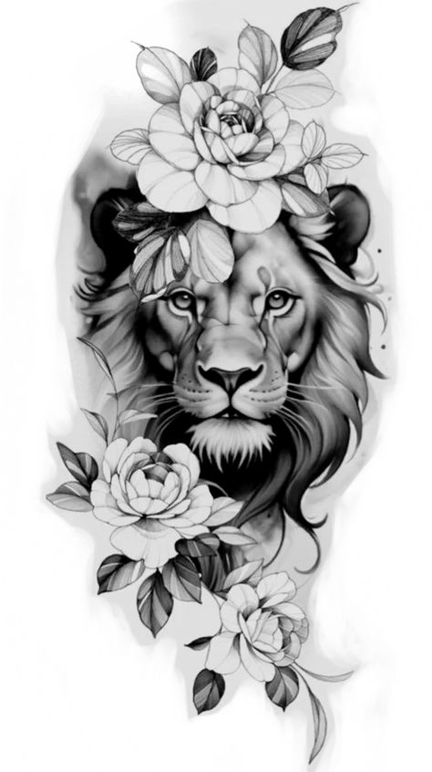 Lion In Flowers Tattoo, Lion With Butterfly Tattoo, Lioness Flower Tattoo, Flower Lion Tattoo, Lion Flower Tattoo Design, Lion Flower Tattoo, Lioness Tattoos, Lion Tattoo With Flowers, Female Lion Tattoo