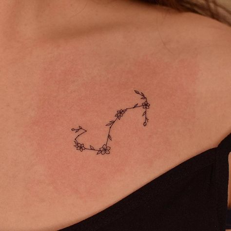 Fine line floral Scorpius constellation tattoo Small Scorpio Constellation Tattoo, Constellation Tattoos Scorpio, Scorpio Constellation Tattoo Behind Ear, Tiny Scorpio Sign Tattoo, Small Tattoo For Boyfriend, Scorpion Tattoo Constellation, Scorpius Constellation Tattoo, Subtle Scorpio Tattoo, Scorpio Tattoo Flower