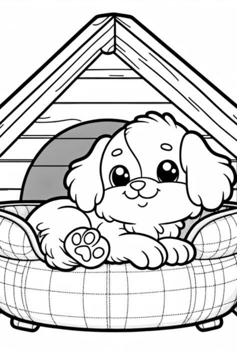 Fall in love with this adorable puppy coloring page where a cute pup is lounging blissfully in its warm doghouse bed. Join the coloring fun and create your own cozy masterpiece today. Perfect activity for kids and dog lovers! Cute Dog And Cat, Puppy Coloring Pages, Dog Coloring Page, Printable Valentine, Valentines Printables Free, Cute Little Puppies, Puppy Play, Adorable Puppy, Kids Coloring Pages