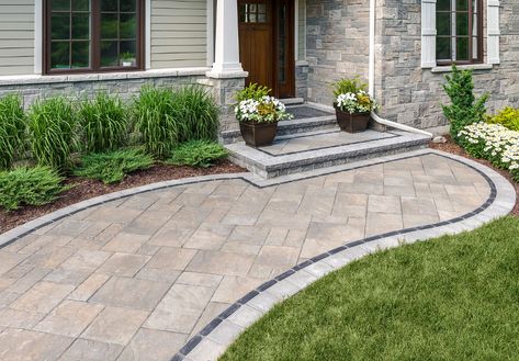 4 Landscape Design Ideas for Your Front Entrance in Little Compton, RI — Premier Landscape Unilock Walkway Ideas, Front Walkway And Steps Ideas, Front Porch Pavers Entrance, Front Entry Stairs Exterior, Front Sidewalk Ideas, Front Walkway Ideas, Front Walkways, Front Walkway Landscaping, Small Front Yards