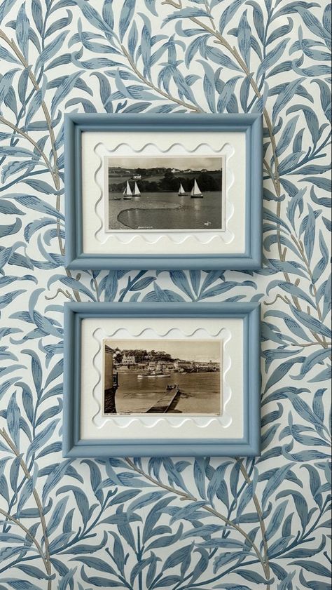 Farrow Ball Kittiwake, Picture Frame Matting Ideas, Diy Painted Frame, Postcard Gallery Wall, Kittiwake Farrow And Ball, Art Frames Ideas, Vintage Postcard Display, Painting Postcards, Painted Photo Frames