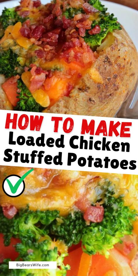 Ready for a dinner that can be ready in about 45 minutes or less? You can stuff these Loaded Chicken Stuffed Potatoes with any veggies you want!!! Chicken Stuffed Potatoes, Healthy Stuffed Chicken, Loaded Chicken, Chicken Potato Bake, Broccoli And Potatoes, Sweet Potato Bowls, Stuffed Potatoes, Hummus And Pita, Stuffed Baked Potatoes