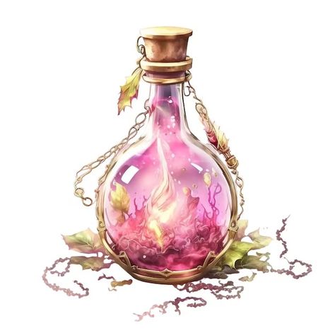 Fantasy Poison Bottle, Fantasy Drinks Concept Art, Dnd Drinks, Fantasy Potion, Magic Potion Bottles, Pink Potion, Fantasy Items, Magic Bottles, Potion Bottles