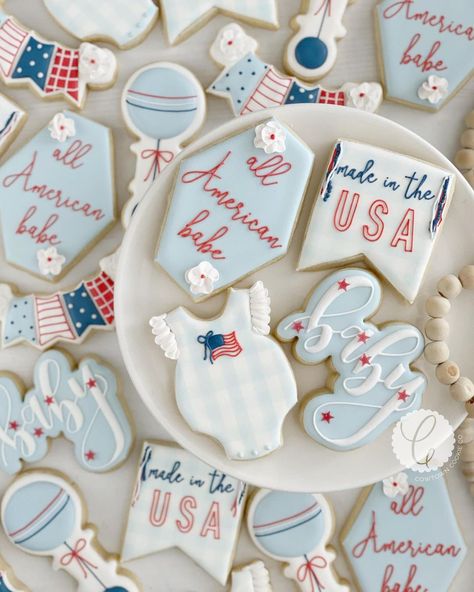 Red white and Due❤️🤍💙Such a fun theme to kick off Memorial Day weekend✨ Hope y’all have the best weekend celebrating our freedom and… Red White And Due, Patriotic Cookies, Gender Reveal Cookies, Patriotic Baby, All American Boy, July Baby, American Baby, Shower Cookies, Baby Q