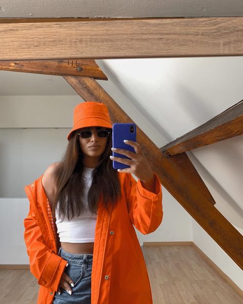 Orange Outfit, Outfit Style, Bucket Hat, Orange, White