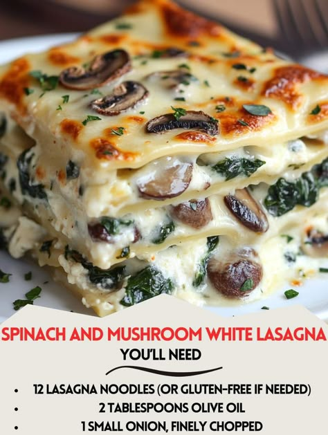 Spinach and Mushroom White Lasagna White Lasagna Recipe, Mushroom Lasagne, Mushroom Lasagna Recipe, Spinach Mushroom Lasagna, White Lasagna, Mushroom Lasagna, Spinach And Mushroom, Lasagna Ingredients, Lasagne Recipes