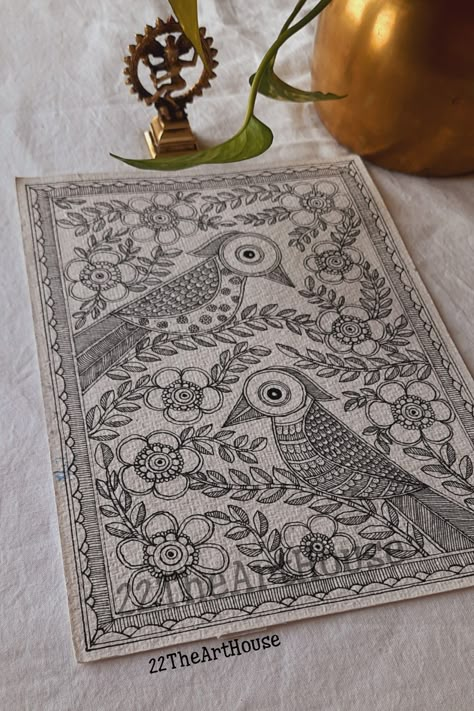 Ink art Phad Art Design, Madhubani Art Aesthetic, India Folk Art Painting, Madhubani Art Bird, Madhubani On Canvas, Mandala Design Art Indian, Madhubani Sketch, Madhubani Art Design, Madhubani Birds