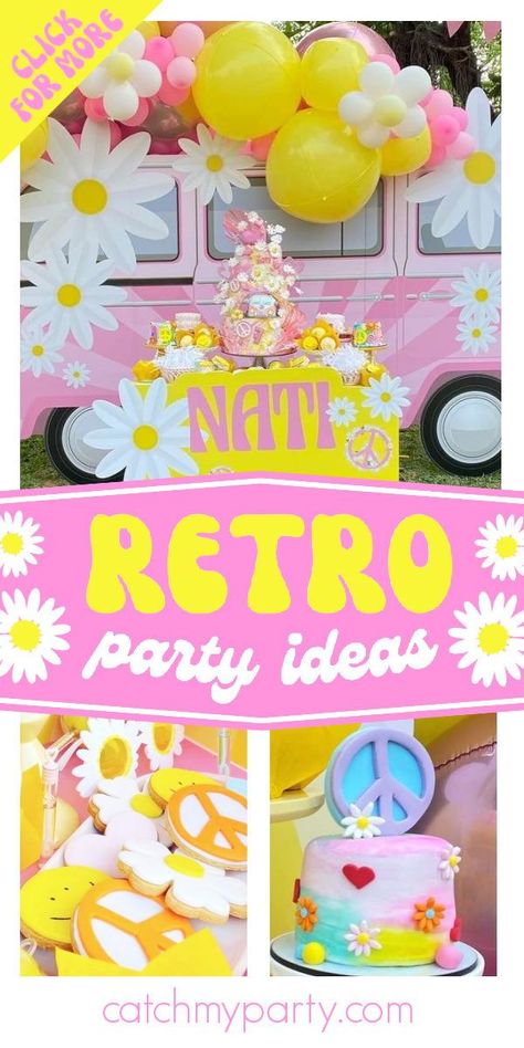 Don't miss this fun Peace and Love Retro birthday party! The cake will blow you away! See more party ideas and share yours at CatchMyParty.com Peace And Love Cake, Peace And Love Birthday Party Ideas, Peace Out Birthday Party, 60s Birthday Party Theme, 60s Themed Birthday Party, Retro Birthday Party Ideas, Peace Out Single Digits Party, Bright Color Party, Groovy Decorations