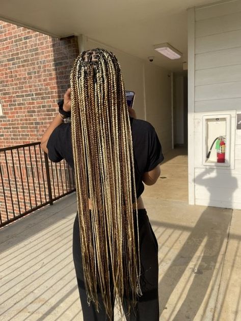 Black And White Braids Peekaboo, Black Blonde And Brown Box Braids, Box Braids With Light Brown Highlights, Braided Hairstyles Brown And Blonde, Three Color Braids Black Women, Peekaboo Blonde Braids With Curls, Brown Blonde Black Braids, Braided Hairstyles With Blonde, White And Brown Braids