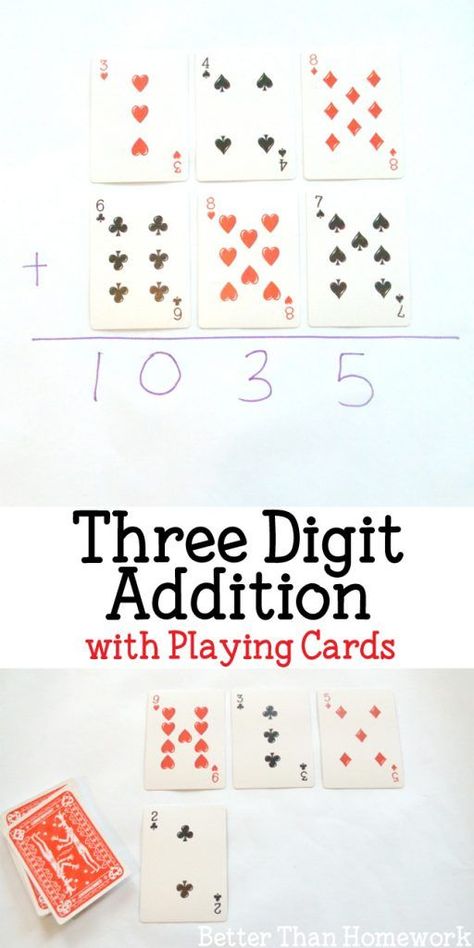 Feb 6, 2019 - Let your kids use a set of playing cards to practice Three Digit Addition. It's a fun way to practice that is Better Than Homework! Three Digit Addition, Math Card Games, Elementary Learning, Math Games For Kids, Math Intervention, Math Strategies, Math Printables, Second Grade Math, Math Addition