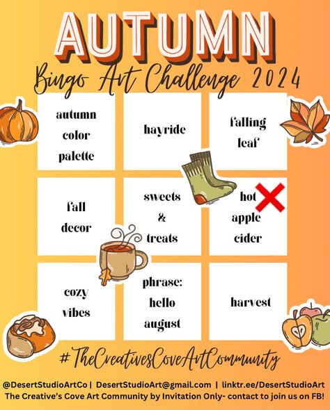 My 1st (Art) Bingo Square Complete! 🍎Hot Apple Cider🍎 Can you get a Bingo??? (3 in a row) 🖌️Beginners: One Bingo 🎨Advanced: 2 Bingo’s ��🥋Master: Total Blackout #artbingo #autumn #august #artchallenge2024 #thecreativescove #thecreativescoveartcommunity #hotapplecider #autumnartchallenge #desertstudioartco Art Bingo, Brittany Lee, Art Bin, Apple Decorations, Hot Apple Cider, Fall Apples, Studio Art, Art Challenge, Community Art