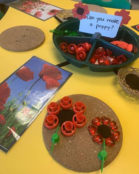 Egg Carton Poppies, Poppy Tuff Tray Ideas, Remembrance Day Sensory Bin, Rememberance Day Activities Toddlers, Poppy Activities, Remembrance Day Toddler Activities, Preschool Remembrance Day Crafts, Anzac Day Art For Kids, Remembrance Eyfs