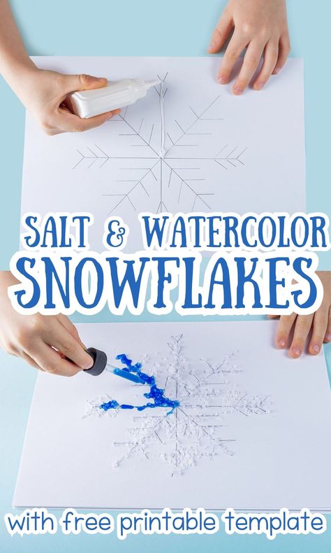 Watercolor Salt Snowflake Art with Free Printable Template - In The Playroom Salt Snowflake Art, Free Printable Snowflake Template, Snowflake Template Printable Free, Salt Snowflakes, Snowflake Crystals, Watercolor Salt, Snowflake Printable, Watercolor Snowflakes, Printable Snowflake Template