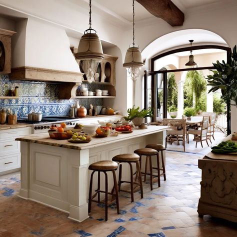 Georgian House Interior Kitchen, Kitchen Ideas Italian Style, Italian Summer Kitchen, Italian Interior Design Kitchen, Mediterranean Interior Kitchen, Italian House Kitchen, Italian Style Kitchen Tuscany, Mediterranean House Kitchen, Italian House Aesthetic Interior