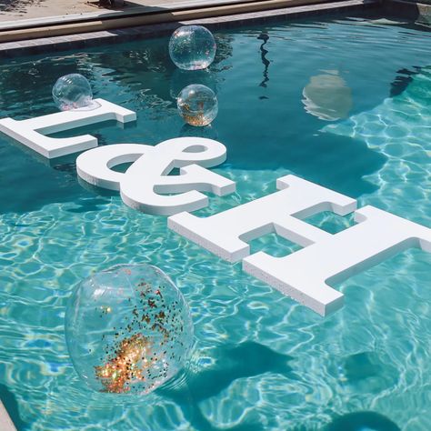 Floating Foam Letters | CraftCuts.com Floating Foam Letters, Floating Pool Letters, Floating Pool Candles, Floating Pool Decorations, Pool Wedding Decorations, Farewell Brunch, Brazil Wedding, Elegant Pool, Pool Candles