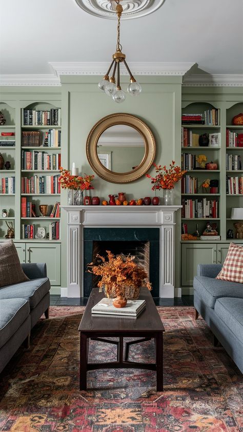 Enhance your fireplace with these built-in bookcase ideas, perfect for adding seasonal fall décor to your living room! Bookshelves Near Fireplace, Library Around Fireplace, Cupboards Around Fireplace, Fireplace Surrounded By Bookshelves, Adding Bookshelves Around Fireplace, Fireplace Library Bookshelves, Built In Bookshelf Around Fireplace, Built In Bookshelf Fireplace, Built In Bookshelves Next To Fireplace