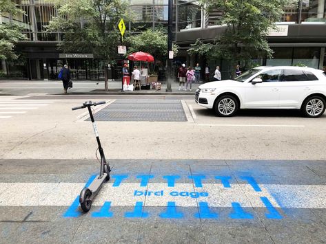 Instead of kvetching about how and where scooters and bikes are parked when there is no guidance, provide an organized option. Scooter Parking, Tactical Urbanism, Electric Box, Bird Cages, Self Driving, Urban Planning, City Streets, Electric Scooter, Scooters