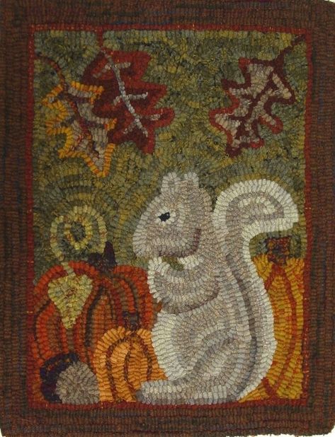 Woodland Squirrel, Hooked Rugs Primitive, Rug Hooking Designs, Winter Rug, Mary Johnson, Monks Cloth, Primitive Rugs, Rug Hooking Patterns, Hand Hooked Rugs