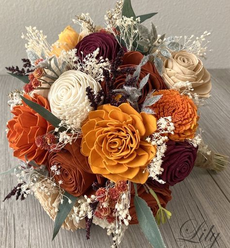 2 Bridesmaids, Wooden Flower Bouquet, Orange Champagne, Toss Bouquet, Flower Fall, Wood Flower Bouquet, Wrist Corsages, Orange Wedding Flowers, Round Bouquet