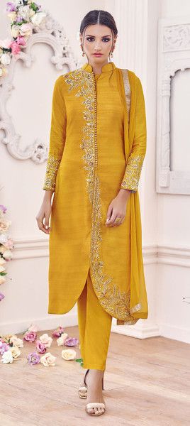 Splendid Yellow Designer Straight Cut Embroidered Suit Yellow Mehndi Dress, Silk Kurti Designs, Embroidered Salwar, Mehndi Dress, Kameez Designs, Resham Work, Salwar Pattern, Salwar Designs, Kurti Designs Latest