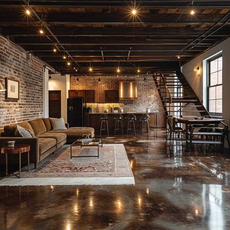 Concrete Floor Apartment Interior Design, Concrete Floor Home Interior Design, Chicago Basement Ideas, Concrete Floor Ideas Basement, Basement With Epoxy Floor, Stained Concrete Living Room, Industrial Style Flooring, Stamped Concrete Basement Floor, Cement Basement Ideas