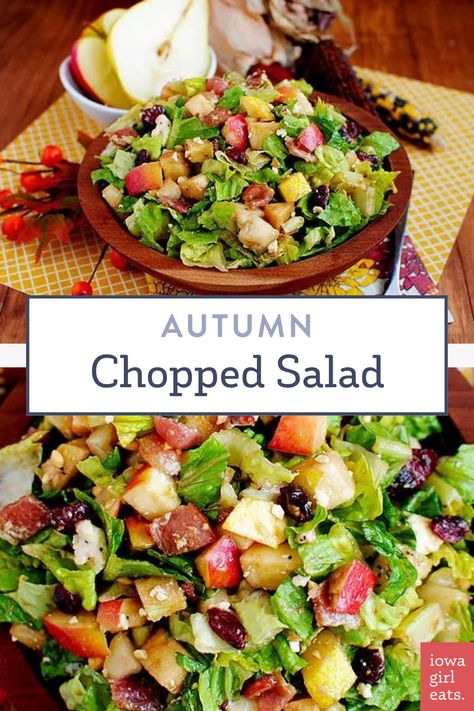 Autumn Chopped Salad highlights pears, apples, roasted peanuts, and dried cranberries in this delicious and filling, fall salad recipe. Fall Lettuce Salad Recipes, Apple Pear Salad Recipe, Chopped Autumn Salad, Autumn Chopped Salad, Fall Apple Salad Recipe, Autumn Pear Salad, Fall Salad Apple, Chopped Autumn Salad With Apple Cider Dressing, Salads With Pears And Apples