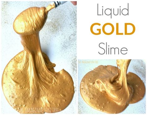 2 Minute Liquid Gold Slime Recipe! (UK friendly!) Gold Rush Projects, Gold Rush Activities, Wild West Activities, Wild West Crafts, Diy Gold Leaf, Rainbow Treats, Camping Activities For Kids, Imagination Tree, Slime Recipes