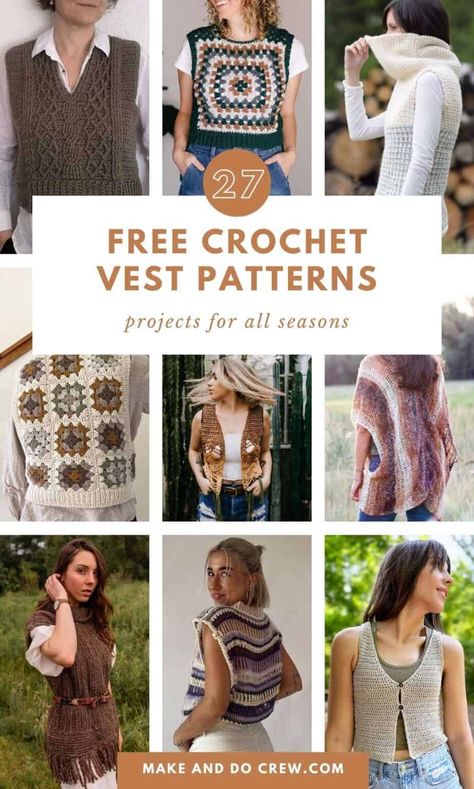 Looking for the best crochet tops? This collection of free crochet vest patterns, curated by Make and Do Crew, is for you. We've gathered our favorite vest outfits - from cropped vest patterns and slip over vest patterns to sleeveless tops and button vest patterns. These stylish patterns can be layered for year round wear. Whether you're looking for new crochet clothes patterns or just a lightweight top for summer, we've got you covered. Visit the blog for the free crochet vest patterns. Crochet Sleeveless Sweaters, Crochet Fall Vest Pattern Free, Crochet Wrap Vest Pattern Free, Crochet Button Up Vest Pattern Free, Free Vest Pattern Crochet, Crochet Sleeveless Sweater Pattern Free, Diy Crochet Sweater Vest, Crochet Pattern Vest Women, V Neck Vest Crochet Pattern