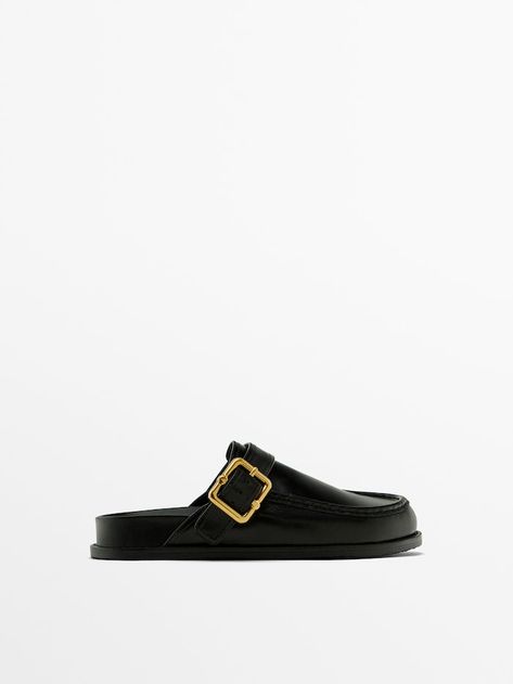 Leather clogs with buckle · Black · Flat Shoes | Massimo Dutti Leather Clogs Outfit, Men Leather Sandals Fashion, Massimo Dutti Shoes, Clog Outfit, Stylish Shirts Men, Black Flats Shoes, Shoe Wishlist, Shoe Inspiration, Buckle Shoes