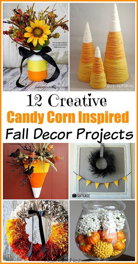 The colors of candy corn just say fall don't they! Here are 12 Creative Candy Corn Inspired Fall Decorating Projects to inspire you! Easy fall crafts, DIY fall decorating projects Gourd Luminaries, Candy Corn Recipe, Halloween Vase, Candy Corn Crafts, Diy Thanksgiving Crafts, Easy Diy Thanksgiving, Candy Corn Wreath, Candy Corn Decorations, Fall Candy