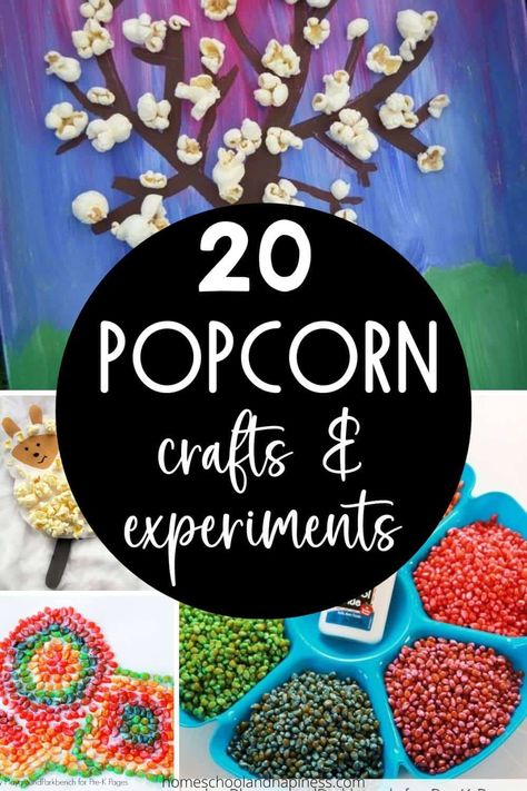 Fun Popcorn Crafts for Kids + Popcorn Science Experiments Crafts With Popcorn, Easy Food Crafts For Kids, Crafts With Food, Popcorn Kernels Crafts, Popcorn Dramatic Play, Food Art Projects For Kids, Popcorn Activity For Preschool, Movie Crafts For Kids, Popcorn Craft