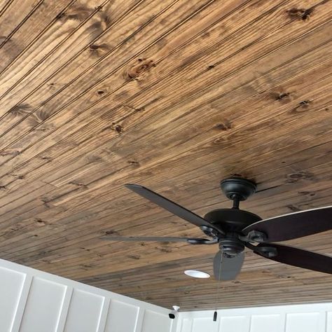 Oak Tongue And Groove Ceiling, Stained Wood Ceiling Porch, Tongue And Groove Stained Ceiling, Dark Tongue And Groove Ceiling, Tung And Groove Ceiling, Pine Tongue And Groove Ceiling Stain, Planking Ceiling, Pine Ceiling Stain Color, Pine Tounge And Groove