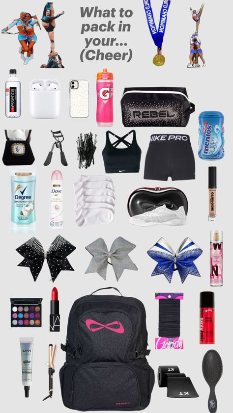 Cheer Comp Packing List, Cheer Packing List, Cheer Essentials, Senior Bows, Cheer Survival Kit, Cheerleading Skills, Sports Mom Bag, Cheerleading Camp, Cheer Practice Outfits