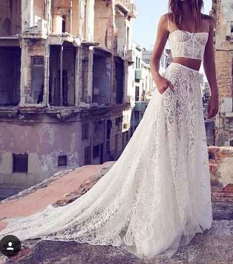 Boho Two Piece Wedding Dress, Two Piece Boho Wedding Dress, Non Traditional Wedding Dress Casual, Top And Skirt Wedding Dress, Wedding Two Piece Dress, Slinky Wedding Dress, Indian Wedding Aesthetic, Wedding Dress Two Piece, Bridal Crop Top