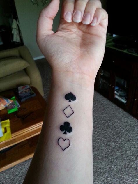 Spades, diamonds, clubs, hearts tattoo. Playing Card Tattoo Ideas For Men, Sibling Card Tattoos, Spades Hearts Diamonds Clubs Tattoo, Heart Spade Diamond Club Tattoo, Club Tattoo Card, Card Themed Tattoo, Playing Card Suits Tattoo, Suits Of Cards Tattoo, A Of Spades Tattoo