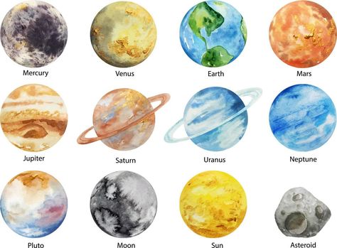 Watercolor solar system planets on white background. Sun, Mercury, Venus, Earth, Mars, Jupiter, Saturn, Uranus, Neptune, asteroid What Color Is Saturn, Mercury Venus Earth Mars, Uranus Planet, Mercury Planet, Tata Surya, Jupiter Planet, Solar System Art, Planet Painting, Planet Drawing