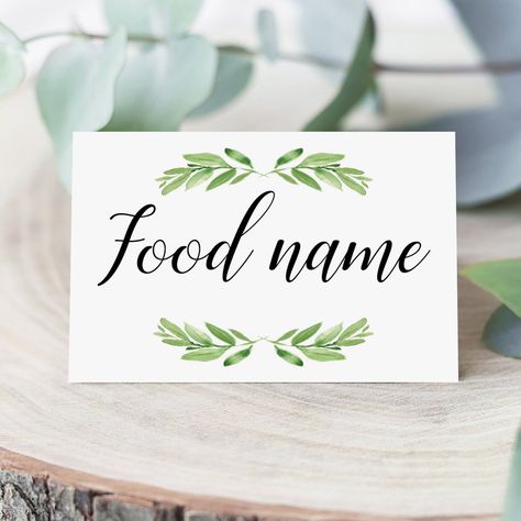 Greenery Food Labels Printable Cards With Watercolor, Food Label Template, Name Tag Templates, Food Cards, Elegant Food, Food Tags, Watercolor Greenery, Food Tent, Catering Food