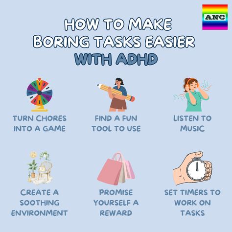 How to make boring tasks easier for ADHDERS ⏰  People with ADHD may require higher levels of stimulation and motivation and become bored more easily than those without ADHD.   Due to this, people with ADHD can find it very difficult to start and complete tasks.   Here are some tips to get you started on those pesky tasks you are needing to get done!  #adhd #adultadhd #adhdsupport #neurodiversity #anc Neurodivergent Classroom, Smooth Brain, Life Organisation, Teaching Mindfulness, College Supplies, Counseling Resources, Therapy Worksheets, Todo List, Life Hacks For School