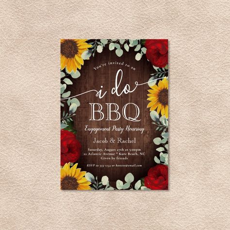 Sunflowers Roses Greenery I Do BBQ Engagement Invitation  Zazzle Red Sunflower Wedding, Engagement Party Rustic, Couples Engagement Party, Sunflowers Roses, Sunflower Wedding Decorations, Sunflowers And Roses, Sunflower Themed Wedding, Country Garden Weddings, Red Rose Wedding